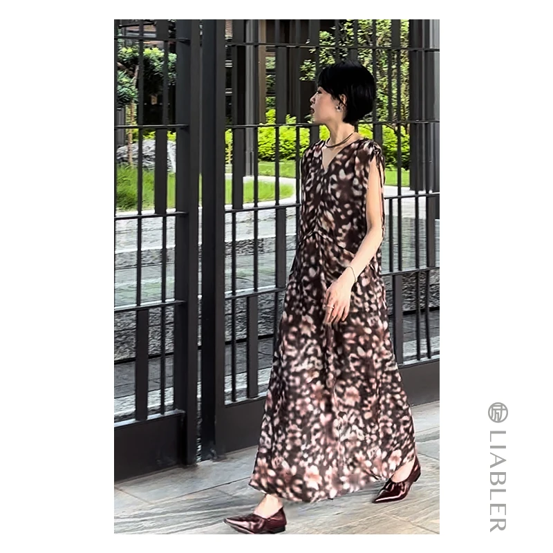 LIABLER/励【墨落成花】2025春夏丝质复古抽褶连衣裙 LSS24555D