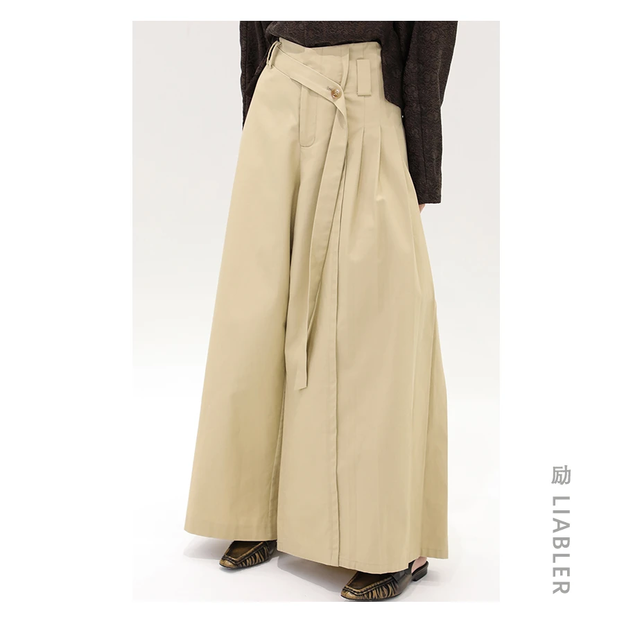 LIABLER/励 长裤显瘦2023夏季新款高腰绑带阔腿喇叭休闲裤 6I7036