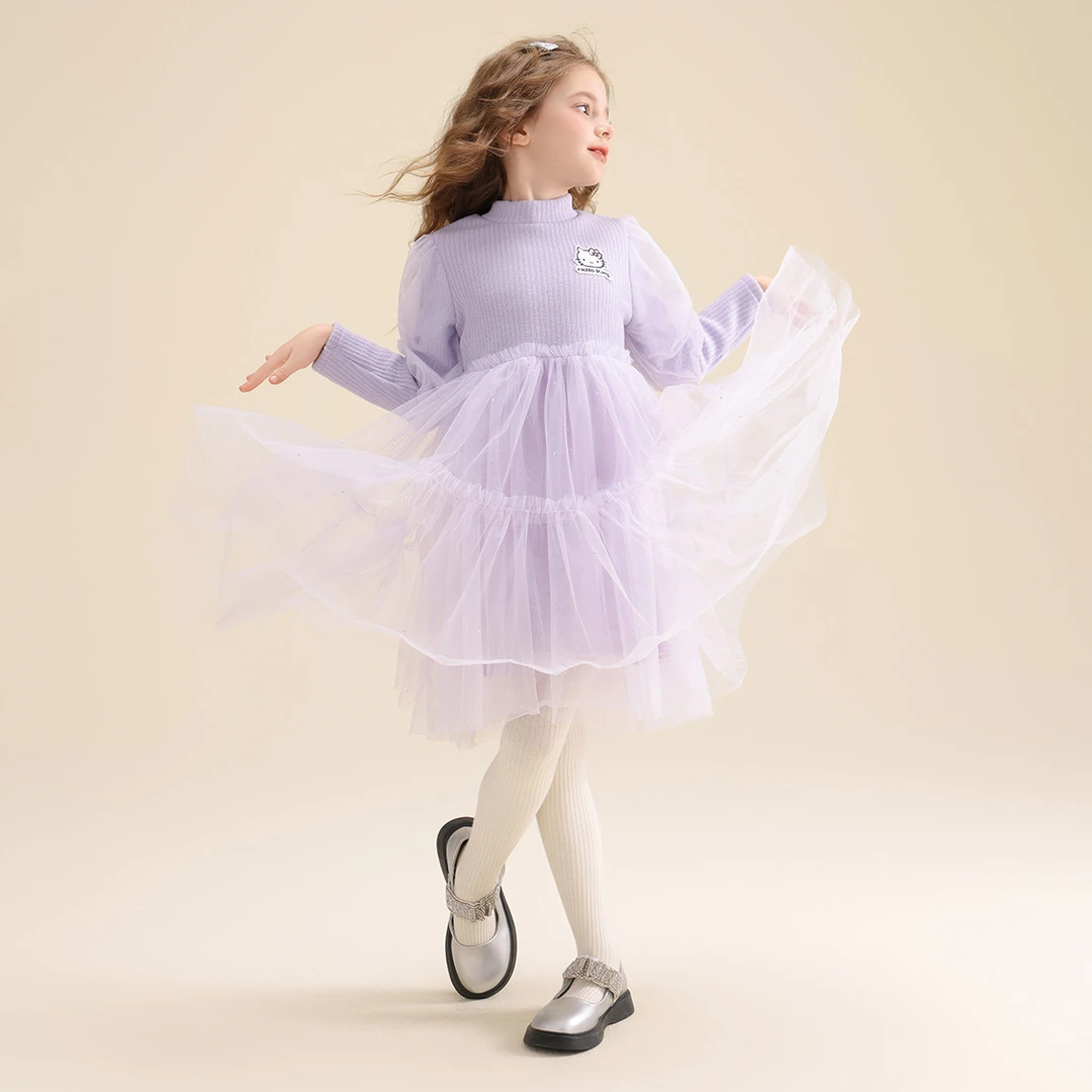 HELLO KITTY/凯蒂猫女童秋季2024新款泡泡袖网纱中大童拼接连衣裙