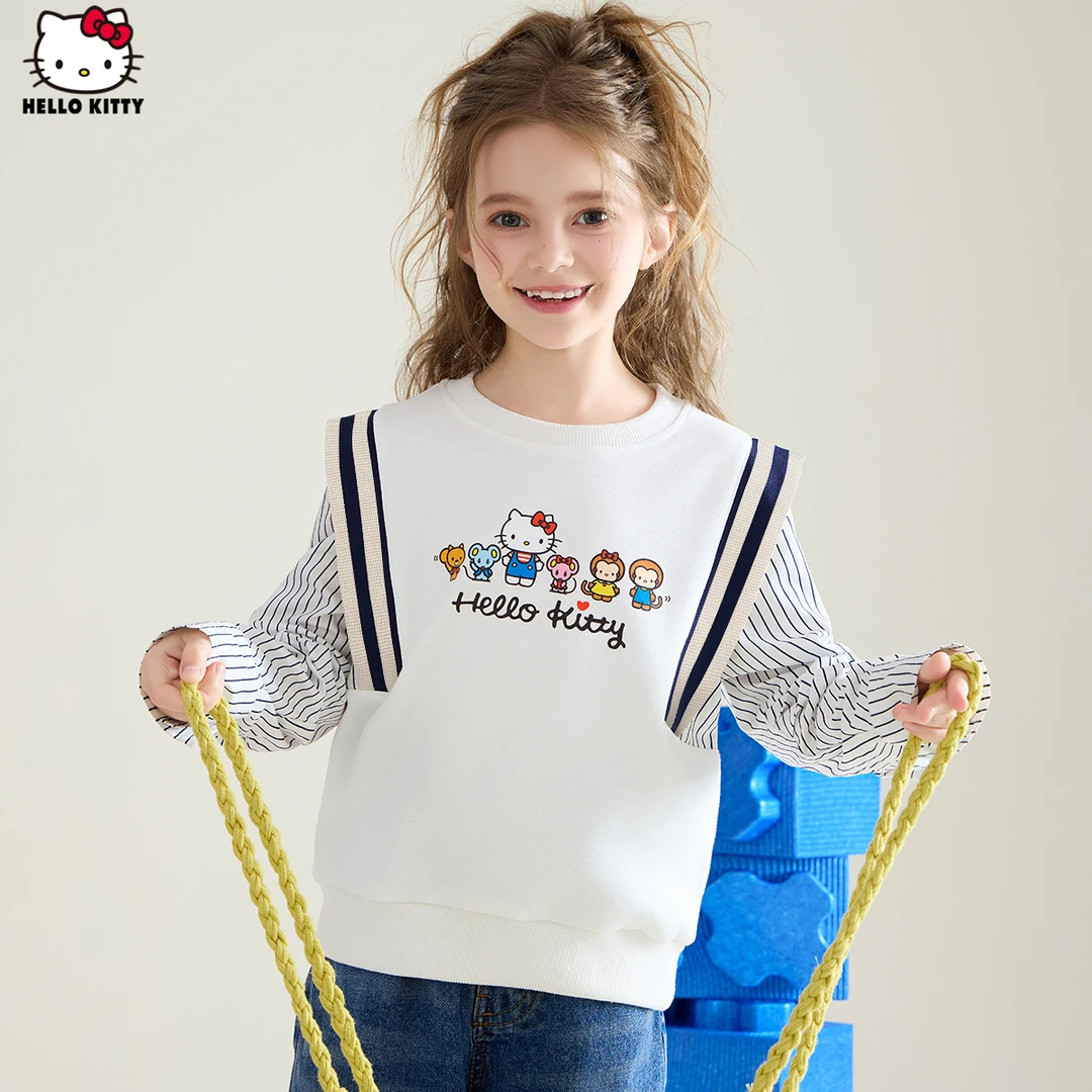 HELLO KITTY/凯蒂猫女童秋季卫衣3-12岁学院风假两件拼接长袖上衣