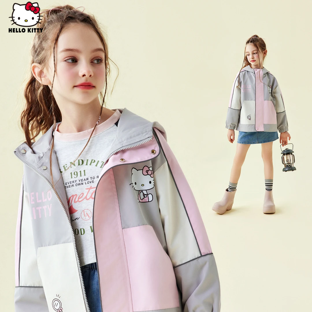 HELLO KITTY/凯蒂猫女童拼接撞色春秋休闲外套中大童百搭冲锋衣潮