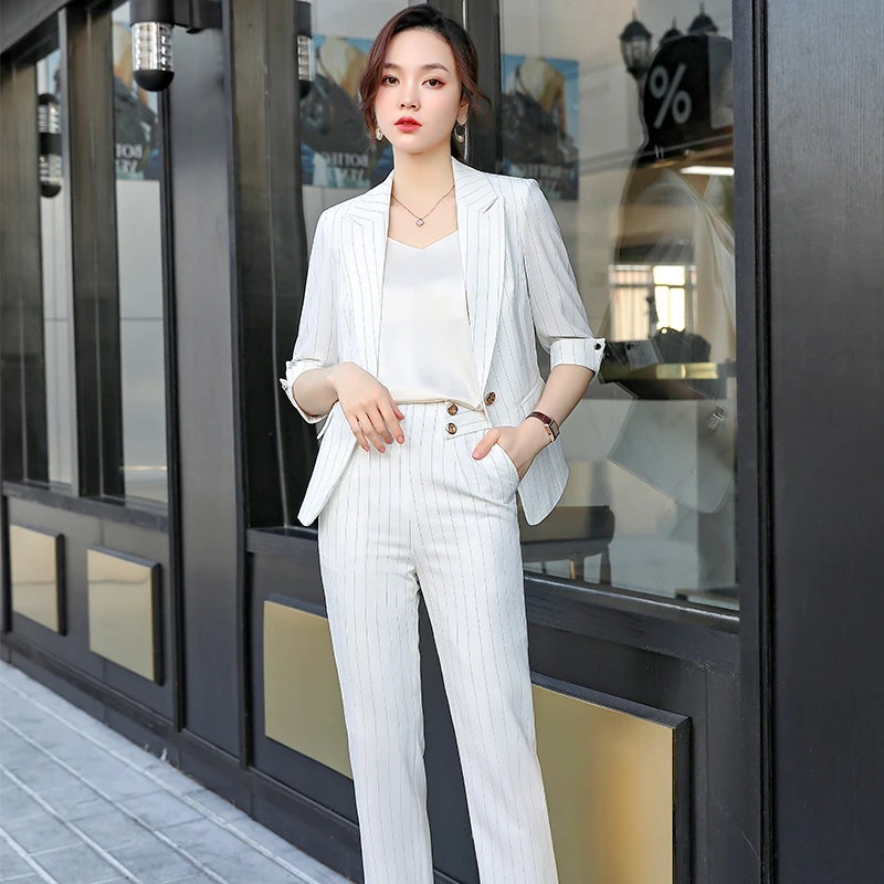 时尚气质夏季小西装条纹薄款修身中袖女神范韩版名媛高管轻奢套装