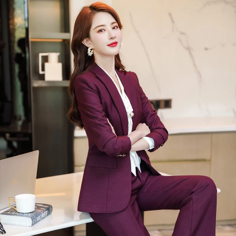 套装女色职业装职场西装商务紫色时尚长袖女装修身气质韩版秋冬