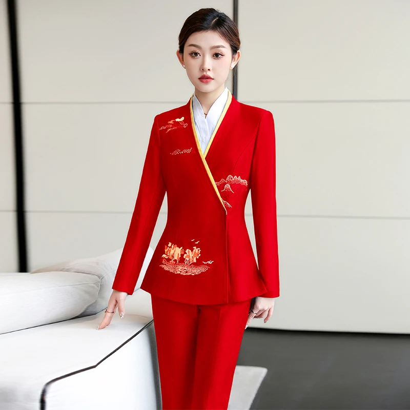 国风红色秋冬显瘦时尚中式修身刺绣长袖气质V领套装春秋套装复古