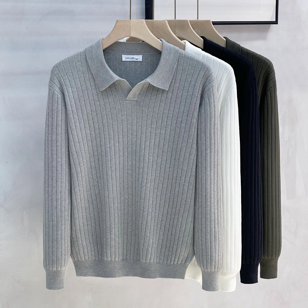 提花衬衫领毛衣男秋冬季2024新款商务高级感长袖polo衫男士针织衫