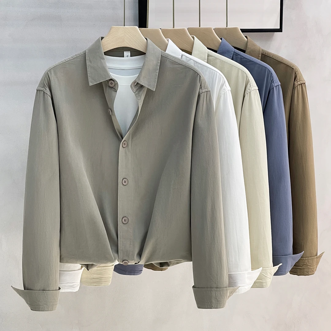 长袖衬衫男春秋款宽松纯棉内搭轻商务休闲上衣白色翻领衬衣外套男