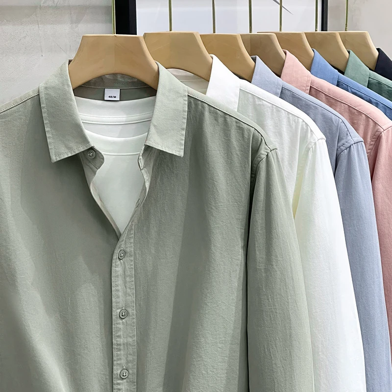 美式重磅长袖衬衫男秋季宽松高级感纯棉寸衫纯色白色翻领衬衣外套
