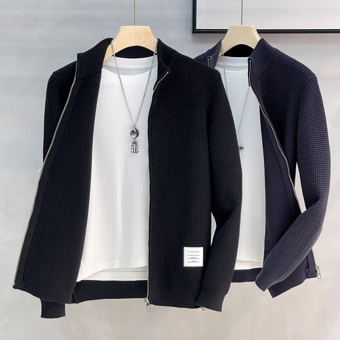 拉链针织男士开衫外套秋冬季厚款肌理感中领休闲毛衫半高领毛衣男