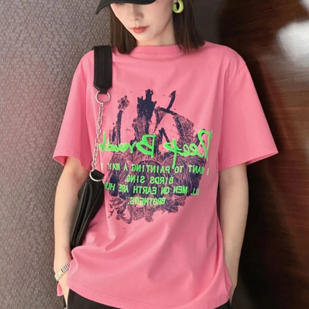 哥弟新款鸵鸟之舞春夏粉色系千金公主风百搭半袖休闲T恤1300874