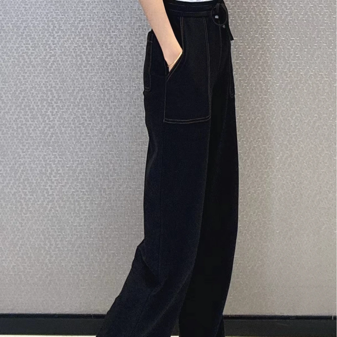 GIRDEAR/哥弟高腰明线直筒阔腿牛仔裤松紧腰休闲裤长裤/1100492