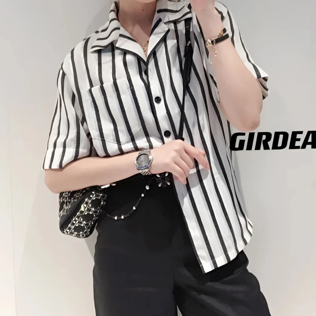 哥弟复古休闲设计感舒适百搭宽松短袖女衬衫1300666-8069661-001