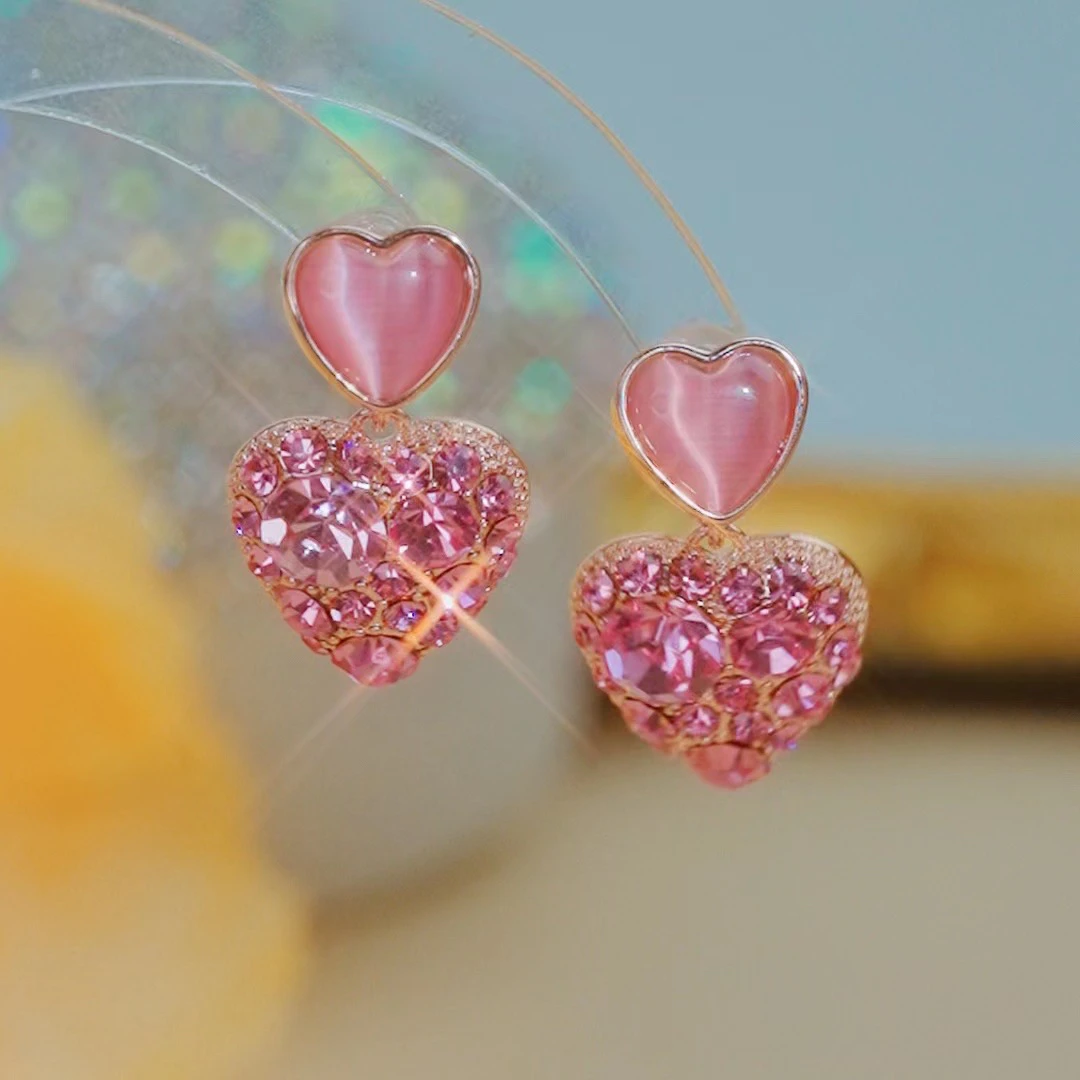 铜合金合成锆石耳饰 韩国东大门少女心爱心粉色心形网红耳环