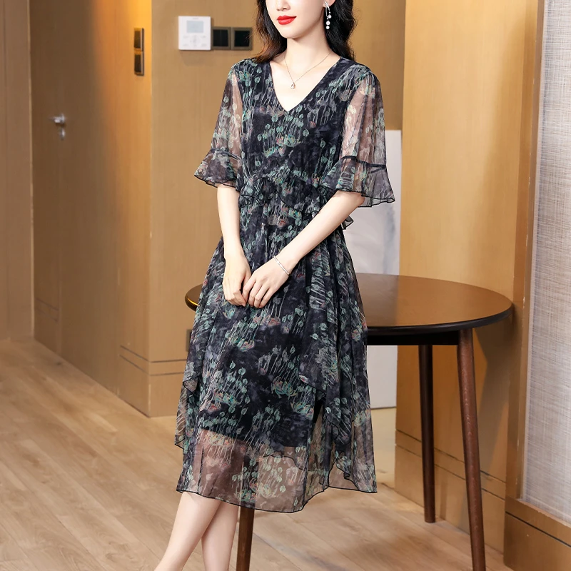 x7688#洋气优雅碎花连衣裙女中长款荷叶边收腰显瘦V领温柔长裙子