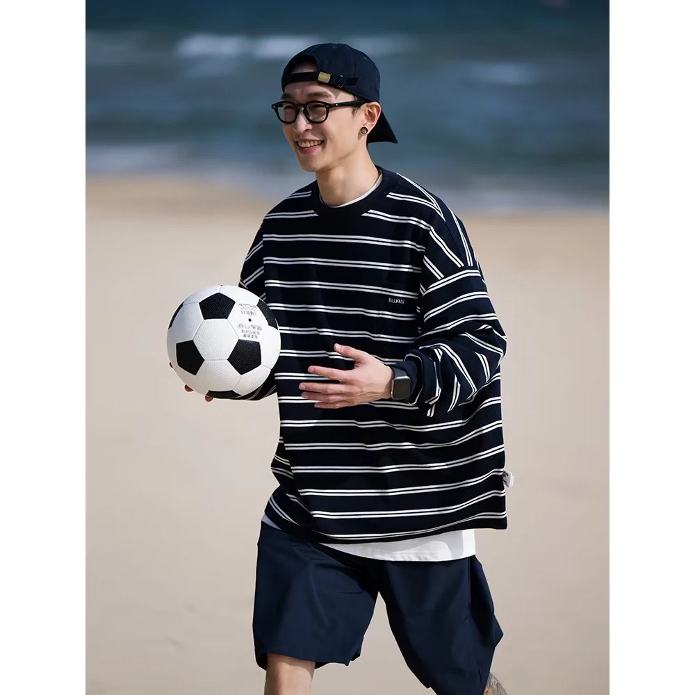 港风短袖德绒CityBoy撞色条纹廓形长袖男秋季复古宽松休闲潮t恤