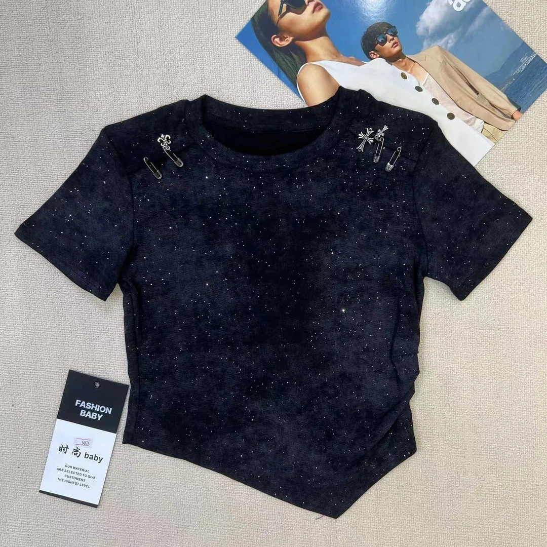 纯欲辣妹风垫肩褶皱不规则紧身设计感显瘦上衣女夏2025新款T恤