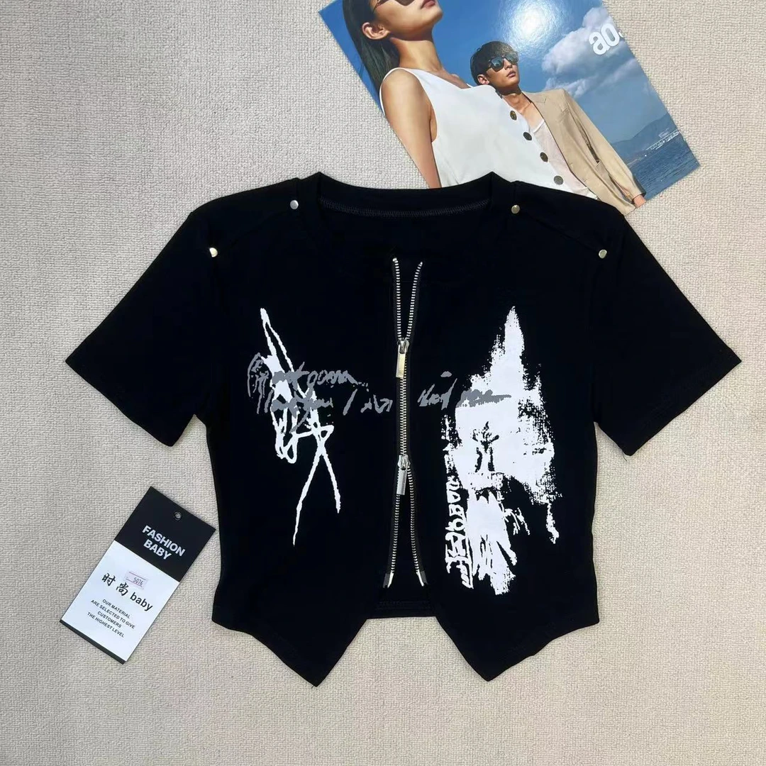 新中式民族风水墨画正肩个性印花拉链微弹短外套短袖修身上衣女