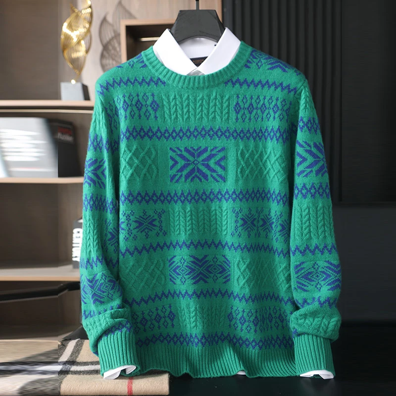 100%纯羊绒衫男士圆领加厚黑白提花时尚青年针织衫男打底衫毛衣男