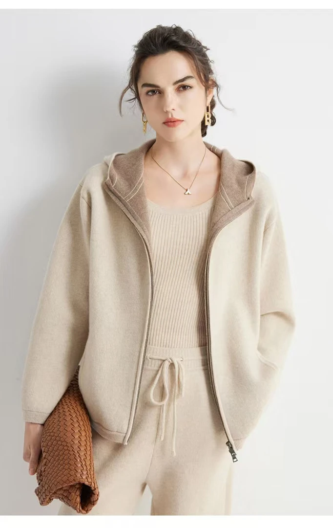 空气层100%纯羊绒开衫女拉链慵懒风宽松双面羊绒大衣短款连帽外套