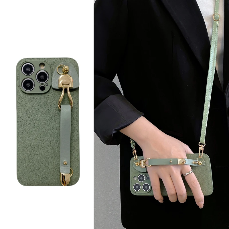 复古绿色手腕带苹果14promax手机壳iphone13可背带12斜挎挂11女款
