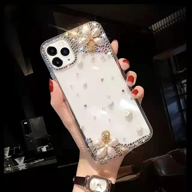 新款水钻珍珠花苹果15手机壳女iphone15promax透明15pro奢华镶钻