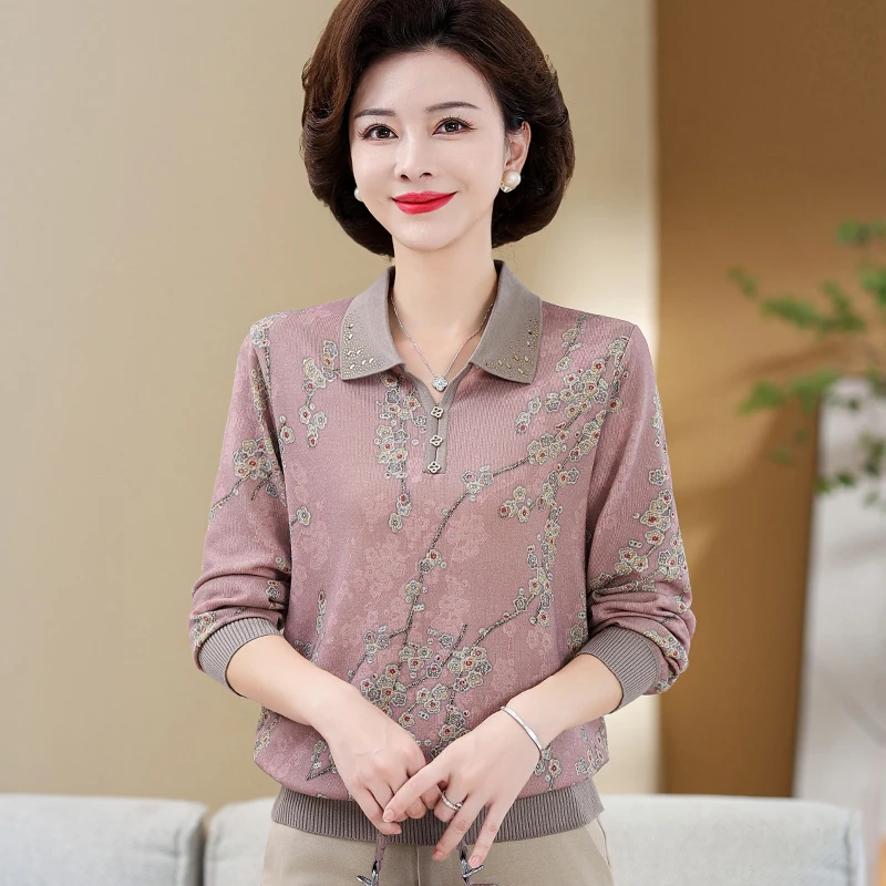 中年妈妈装秋装T恤时尚洋气小衫中老年人女母亲衣服春秋时髦上衣