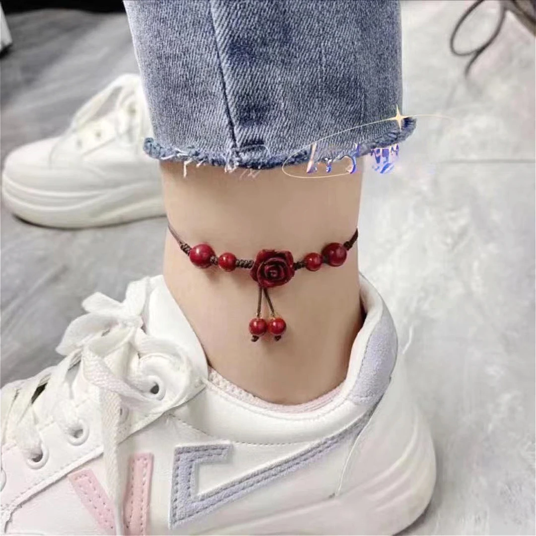 含辰砂工艺品新款原矿朱砂玫瑰花脚链女红绳编织高颜值脚绳高级感