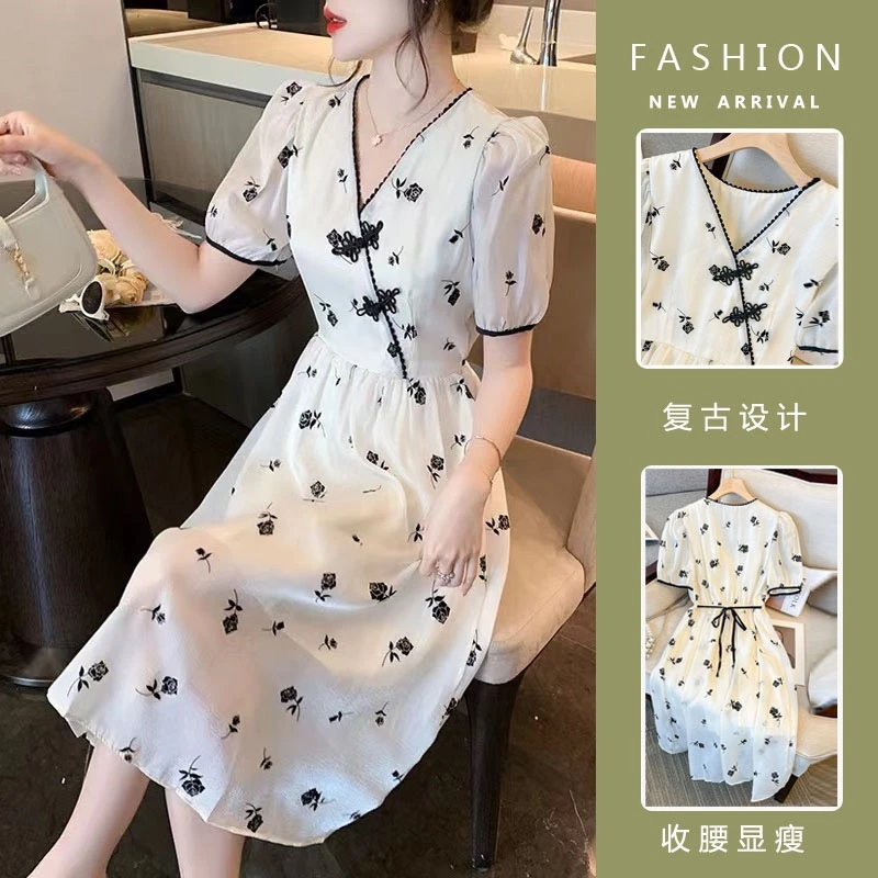 【欣欣】孕妇连衣裙复古盘扣甜美文艺玫瑰花收腰显瘦可哺乳连衣裙