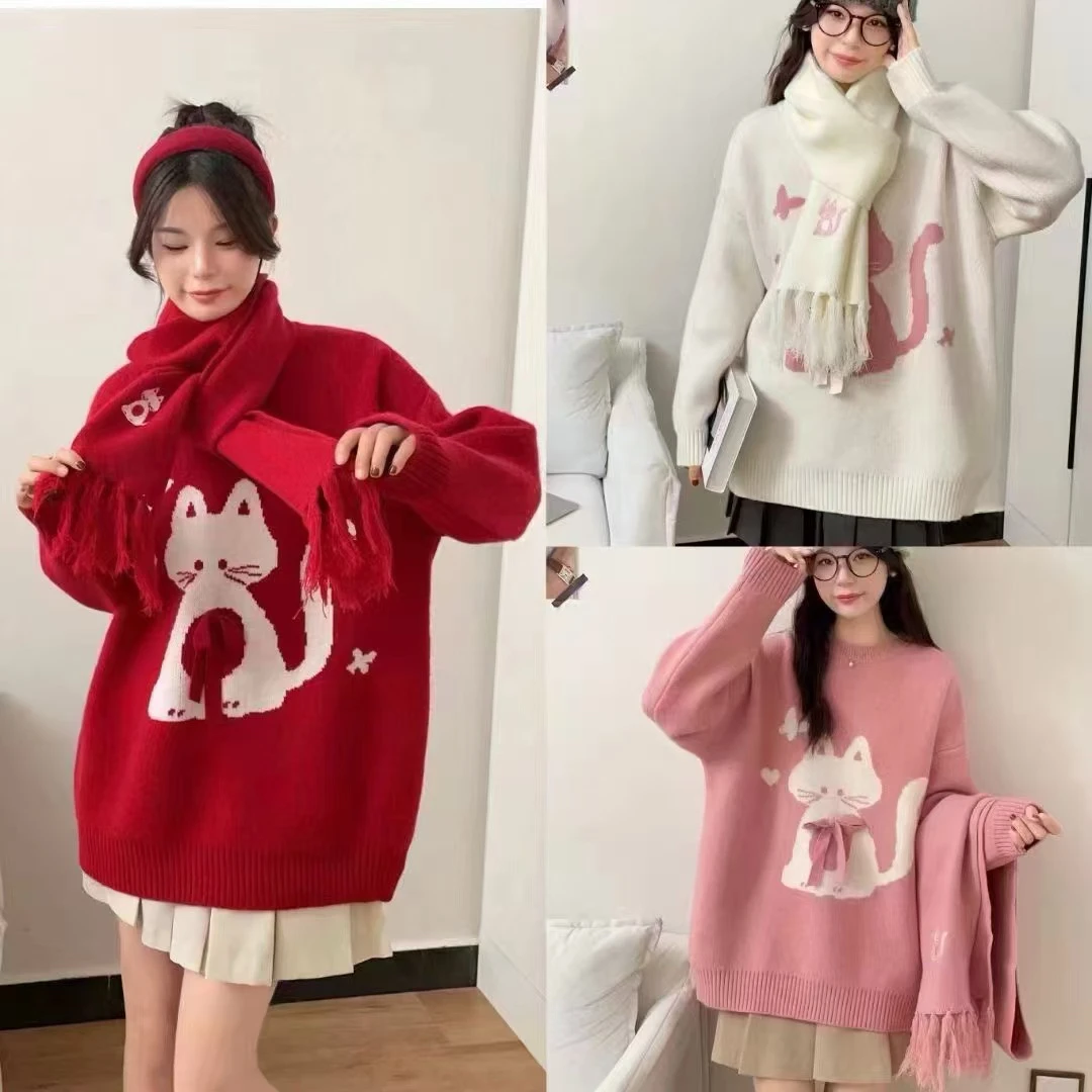 【实体店品质】秋冬新款红色可爱猫咪慵懒风宽松时尚洋气毛衣配围巾