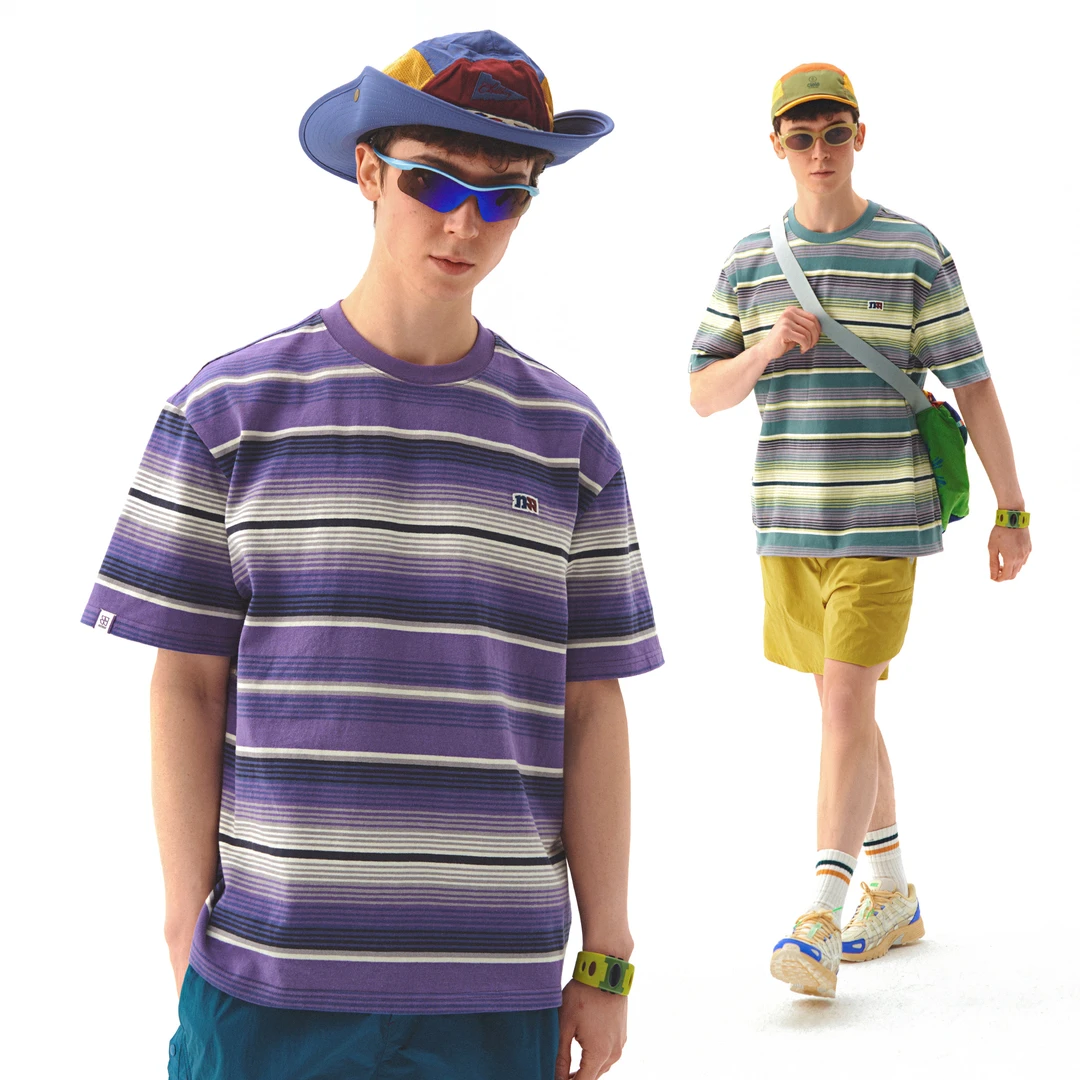 NOTHOMME重磅270g全棉定织山系户外露营凉感抗菌撞色条纹短袖T恤