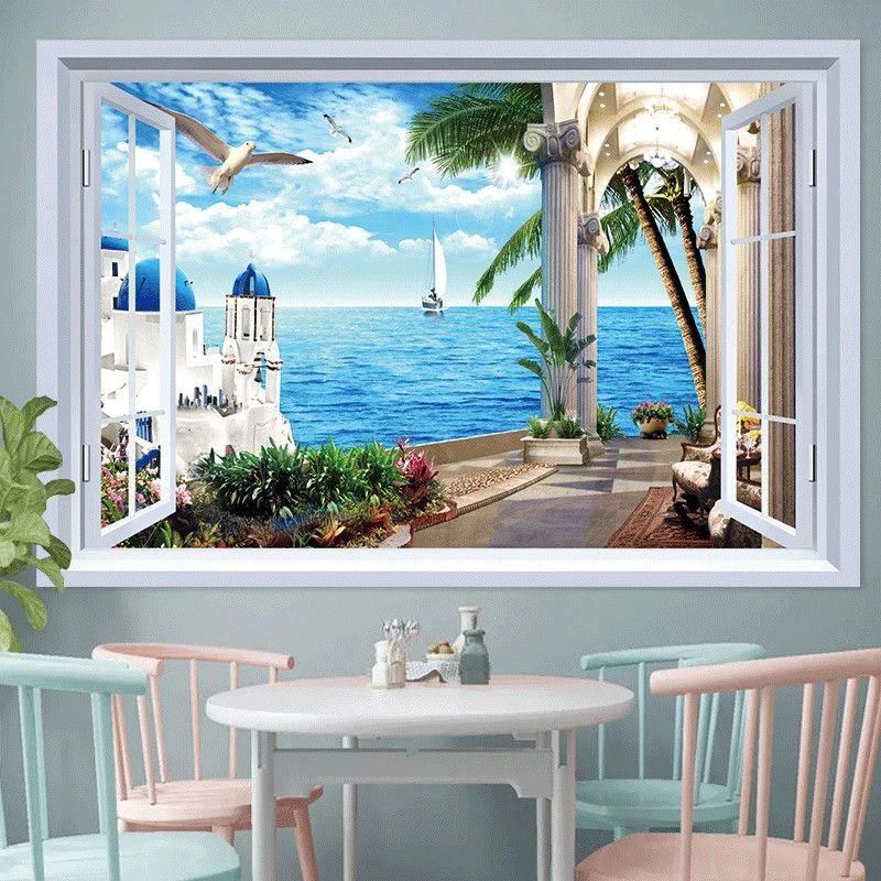 假窗户客厅卧室仿真壁画背景自粘床头海边风景画装饰3d立体墙贴画