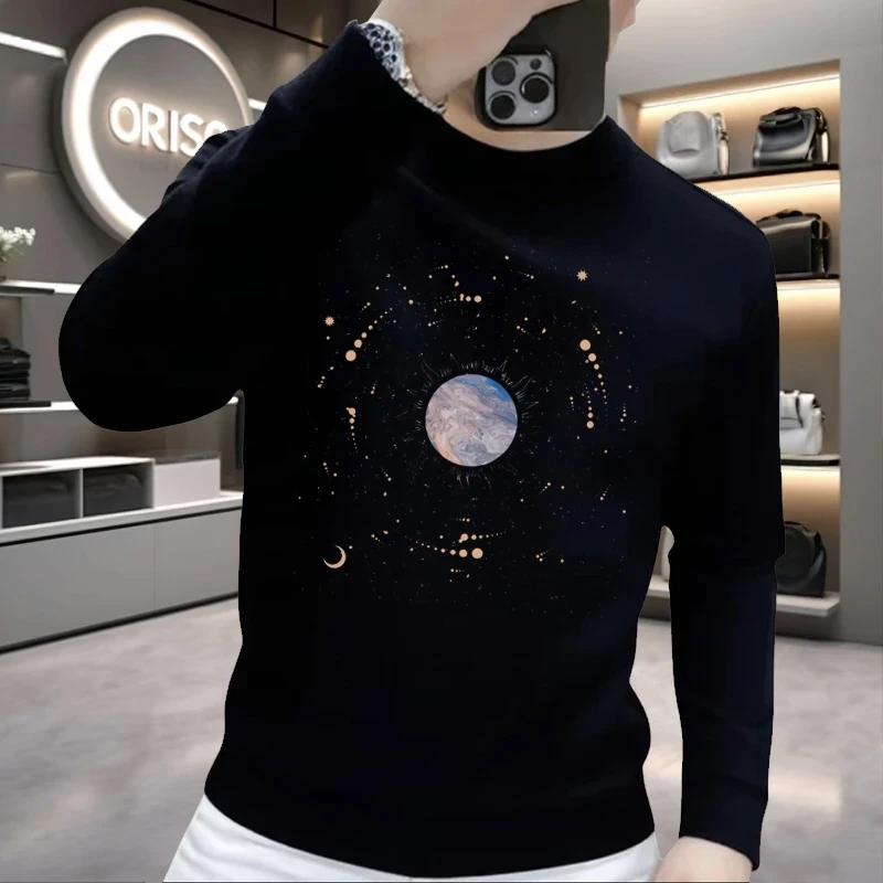 潮流高级感印花卫衣加绒男士简约潮牌圆领长袖时尚休闲秋冬上衣潮