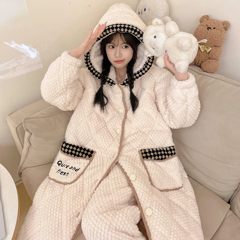 【一夏家】秋冬季珊瑚绒三层夹棉冬天带帽睡袍女加厚舒适保暖家居服