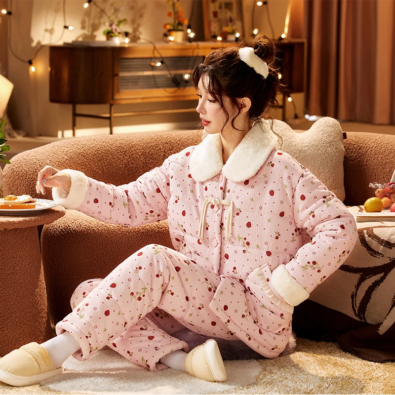 【一夏家】睡衣女国风盘扣三层夹棉加绒加厚冬季保暖出门款居家套装