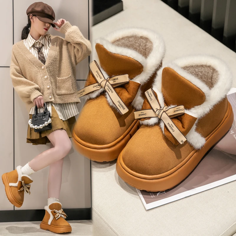 时尚雪地靴女生冬季学生保暖加绒加厚蝴蝶结外穿休闲百搭中筒靴子