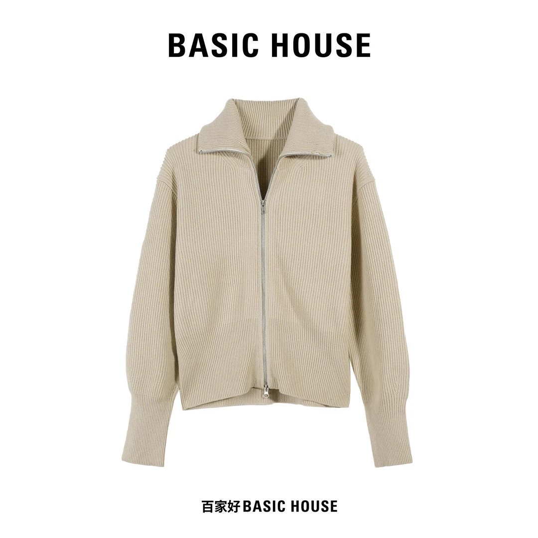 Basic House/百家好2024年秋季新款热力感翻领慵懒感针织毛衣MM
