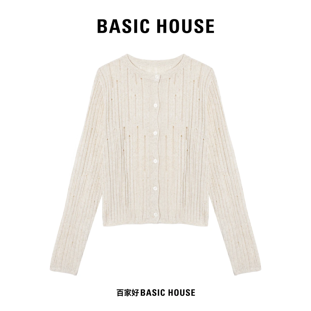 Basic House/百家好2024年秋季新款镂空圆领单排扣长袖针织衫