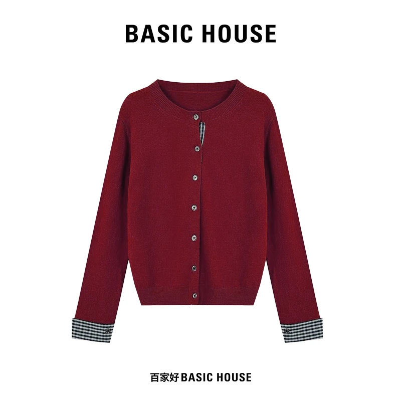 Basic House/百家好小香风撞色时尚设计师款单排扣针织衫9482 MM