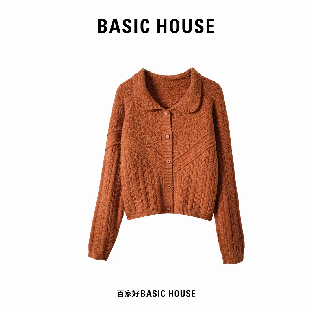 Basic House/百家好新款翻领撞色拼接百搭绞花毛针织衫G412 XX