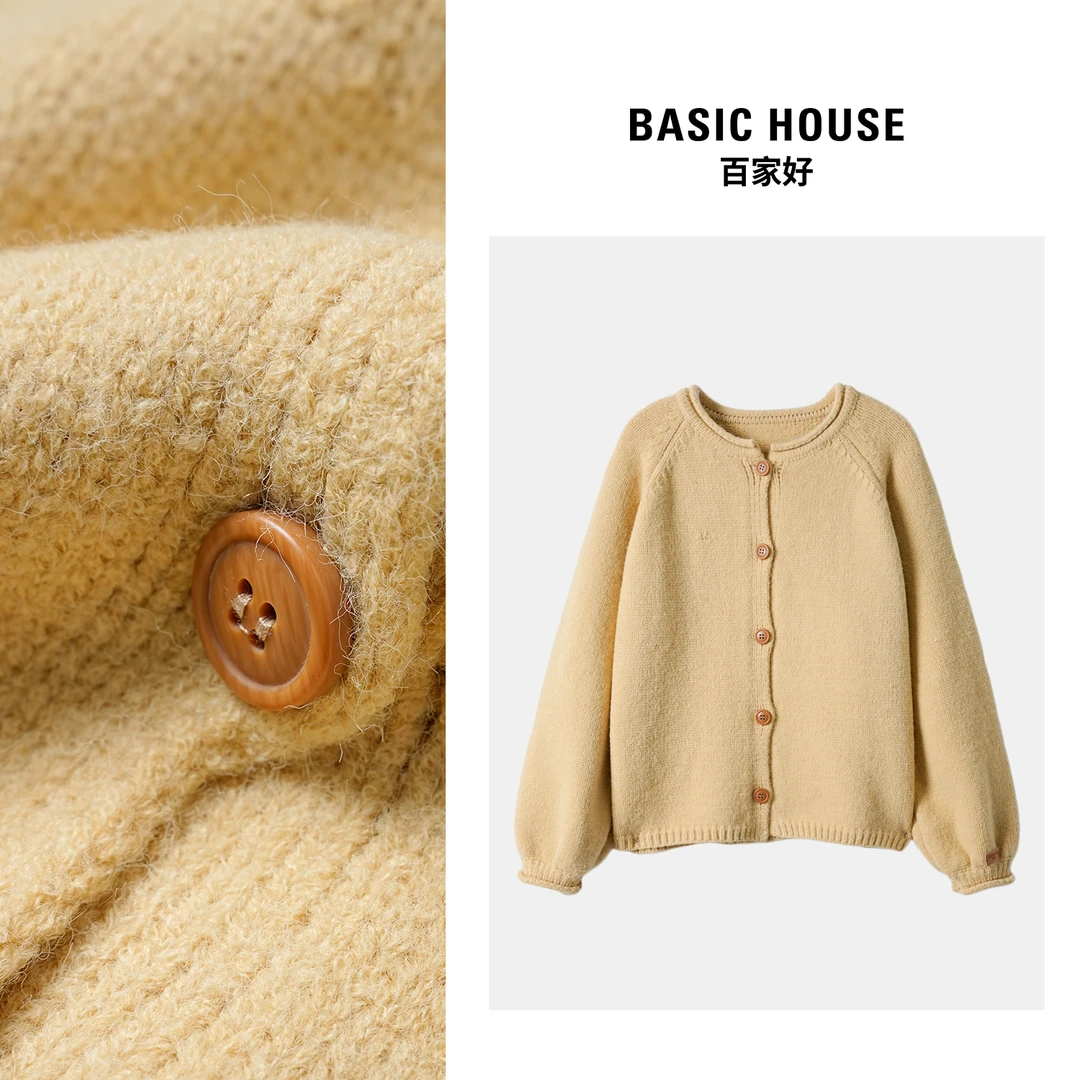 Basic House/百家好2024冬季新款纯色排扣收袖百搭时尚毛针织衫