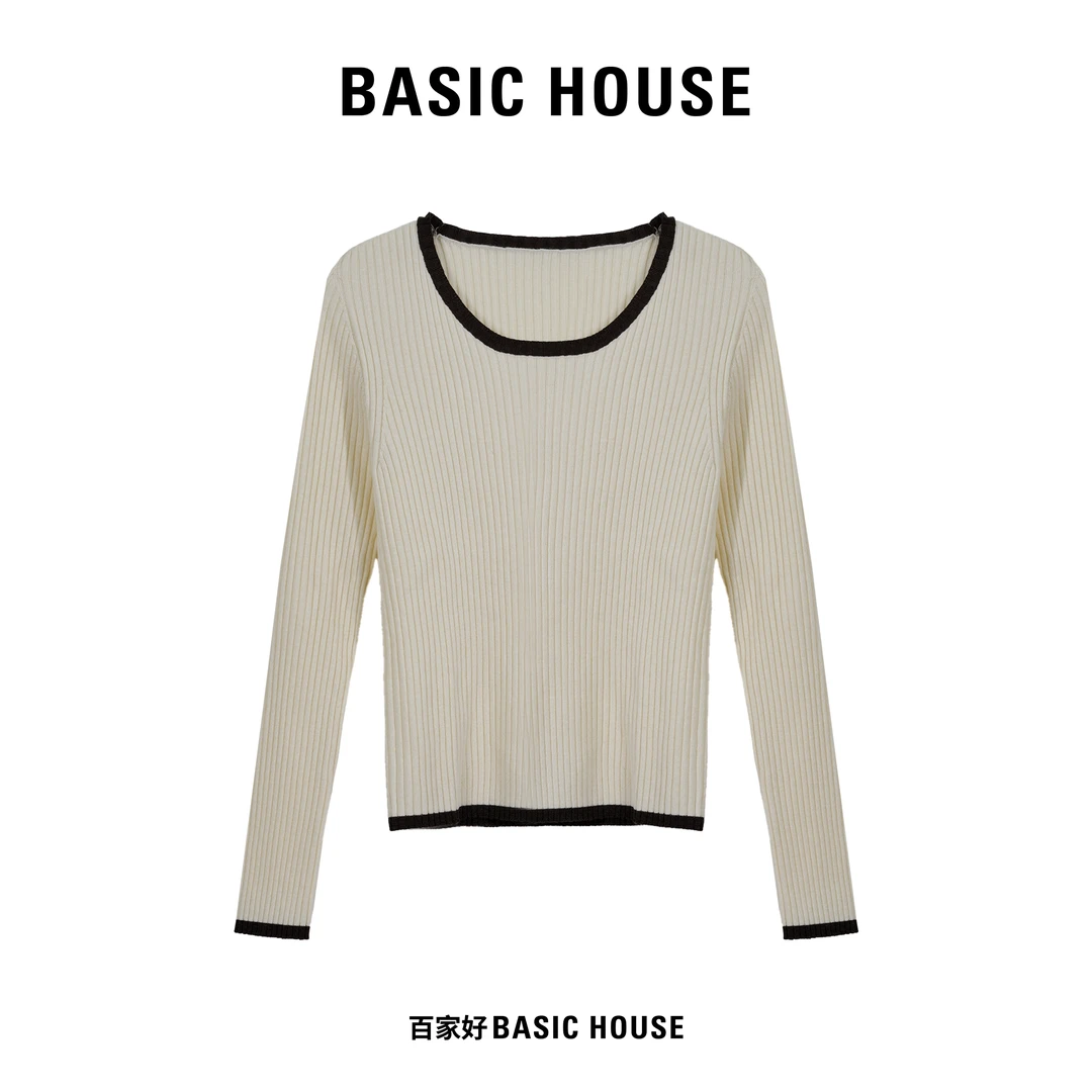 Basic House/百家好2024年冬季新款热力感拼接圆领百搭打底衫JDXX
