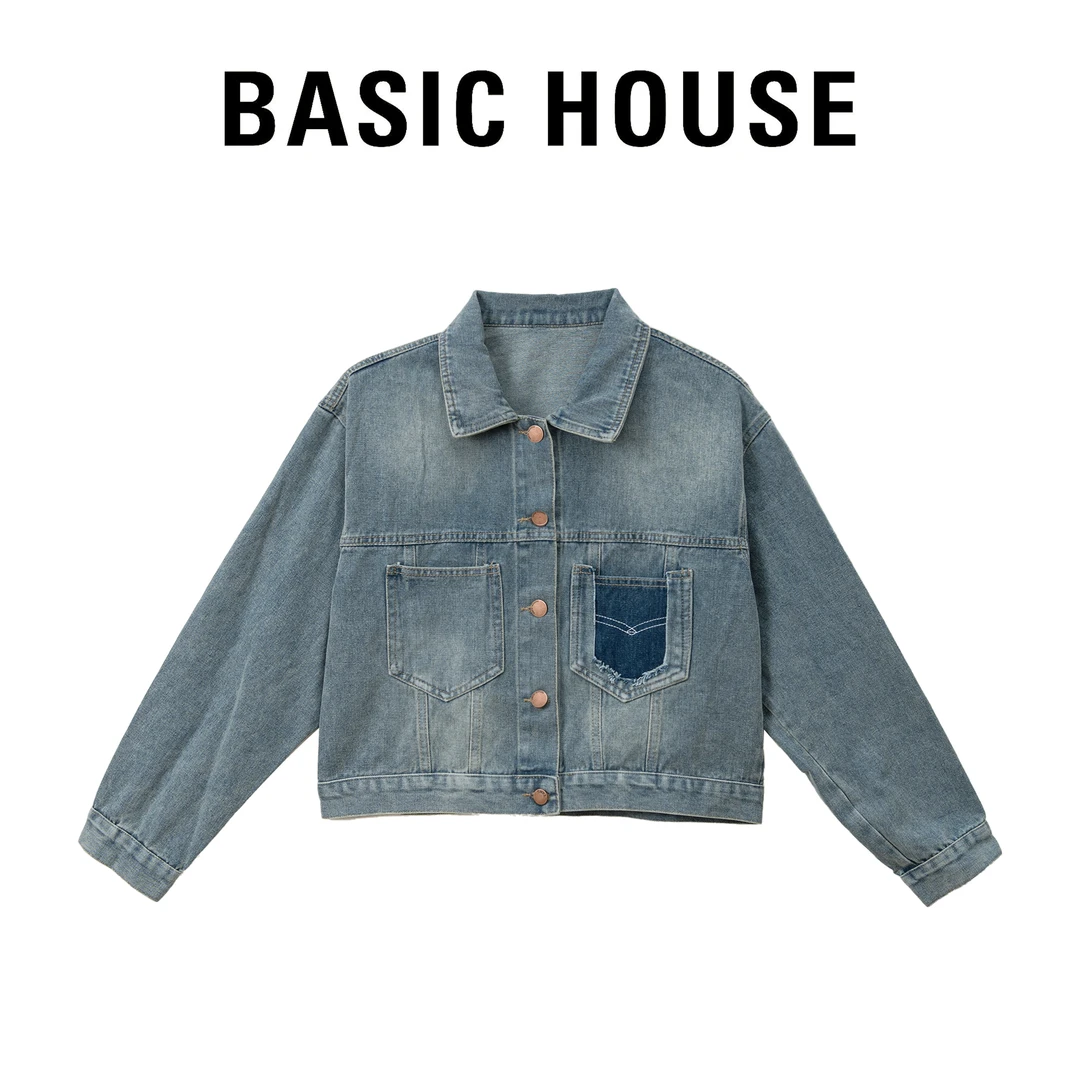 Basic House/百家好【海岛日记】2024新款单排扣拼色口袋牛仔外套