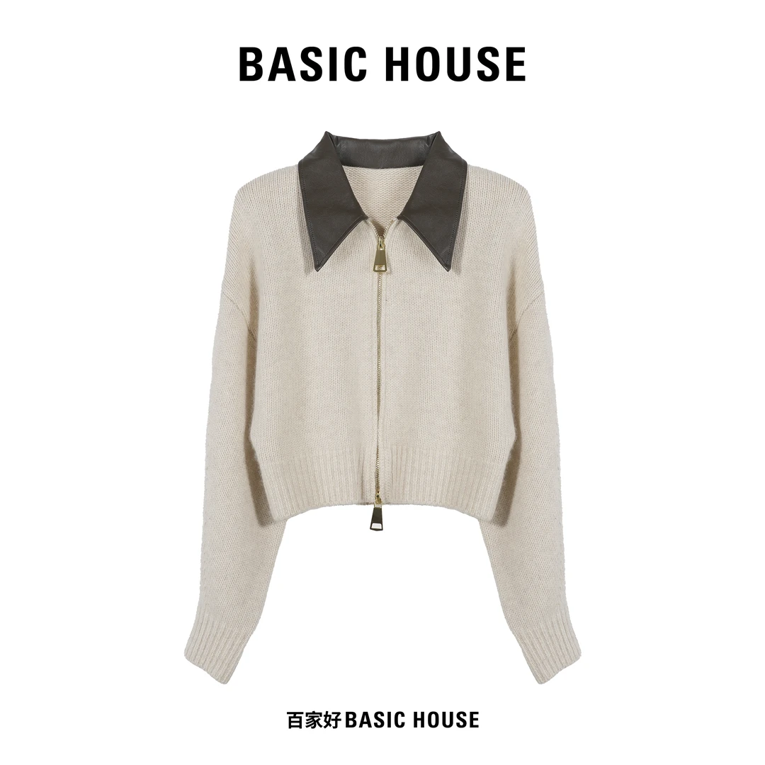 Basic House/百家好2024春季新款撞色拼接慵懒感热力感翻领毛衣MM