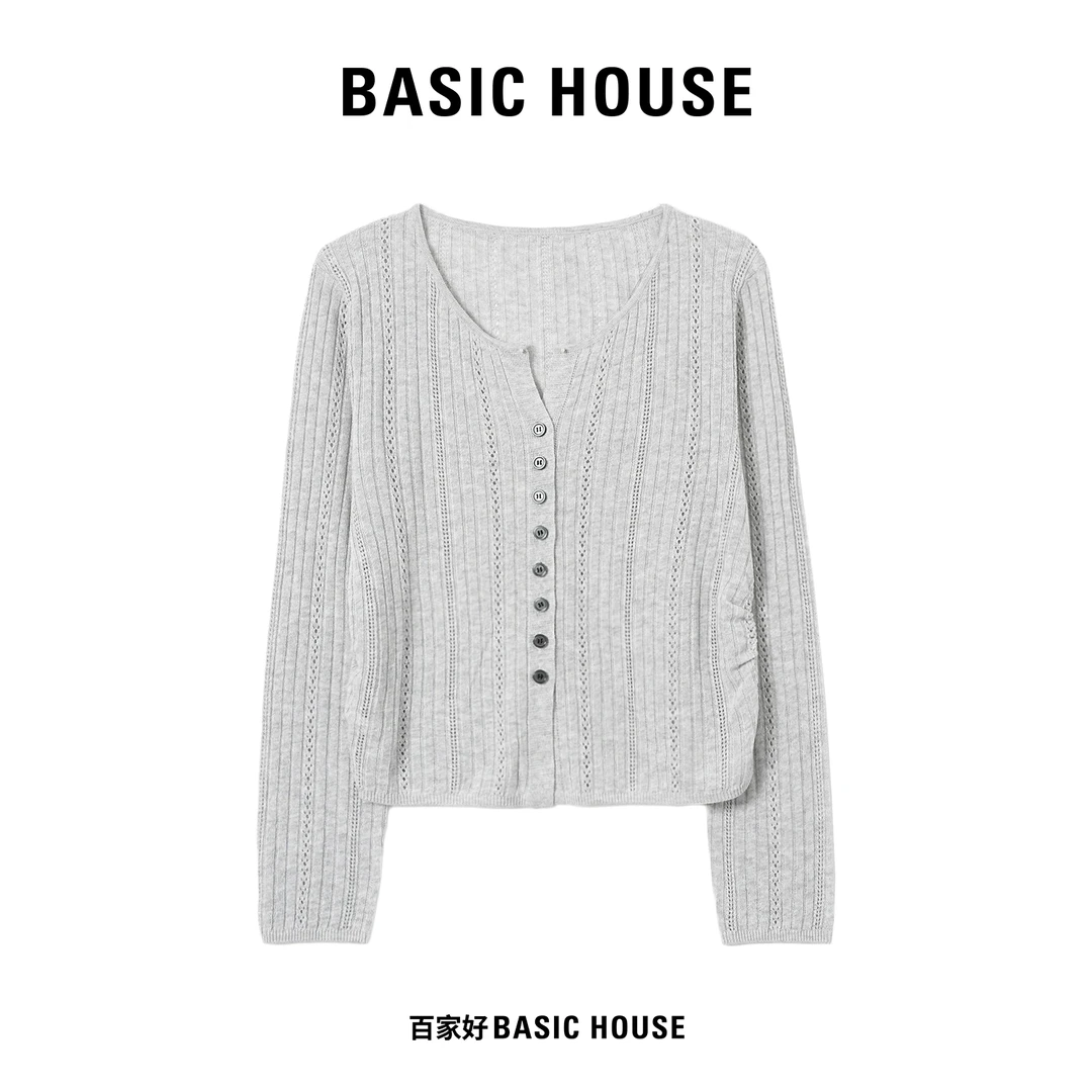 Basic House/百家好秋季百搭设计感镂空条纹剪刀领针织衫9372 XX