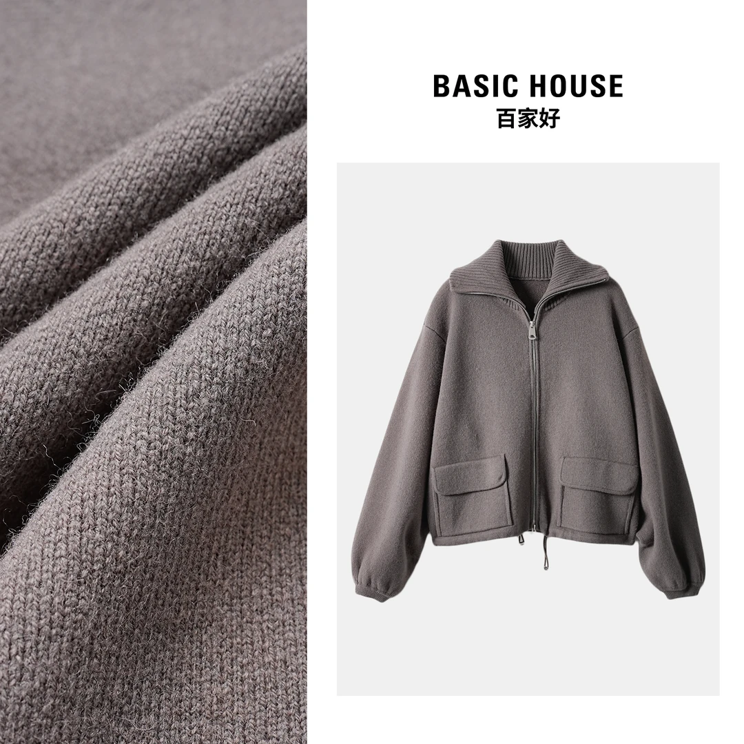 Basic House/百家好2024年新款热力感翻领抽绳保暖慵懒感针织毛衣