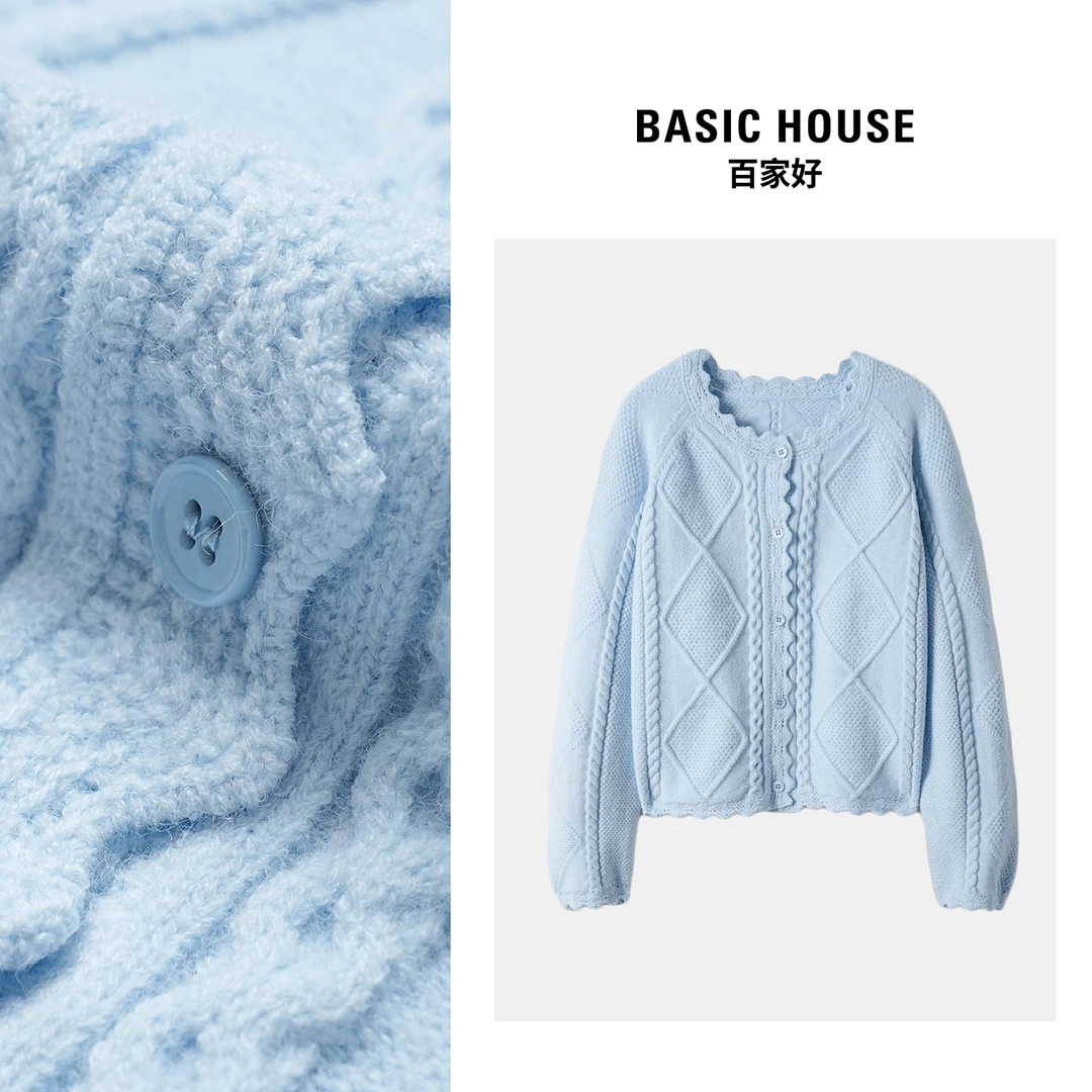 Basic House/百家好秋冬新款绞花加厚保暖蕾丝边毛针织衫M732 XX