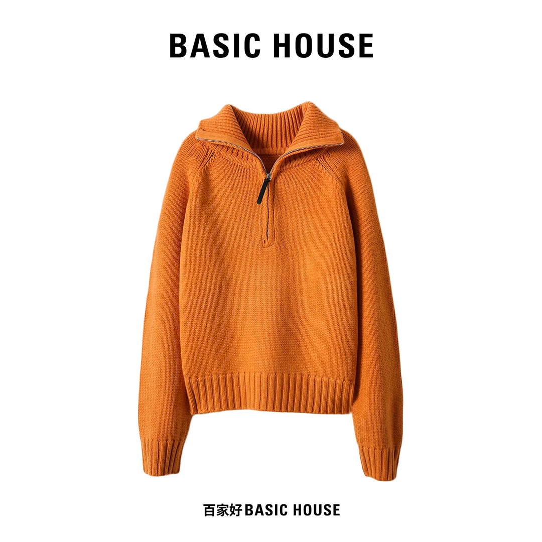 Basic House/百家好2024年冬季新款高龄套头保暖百搭纯色毛针织衫