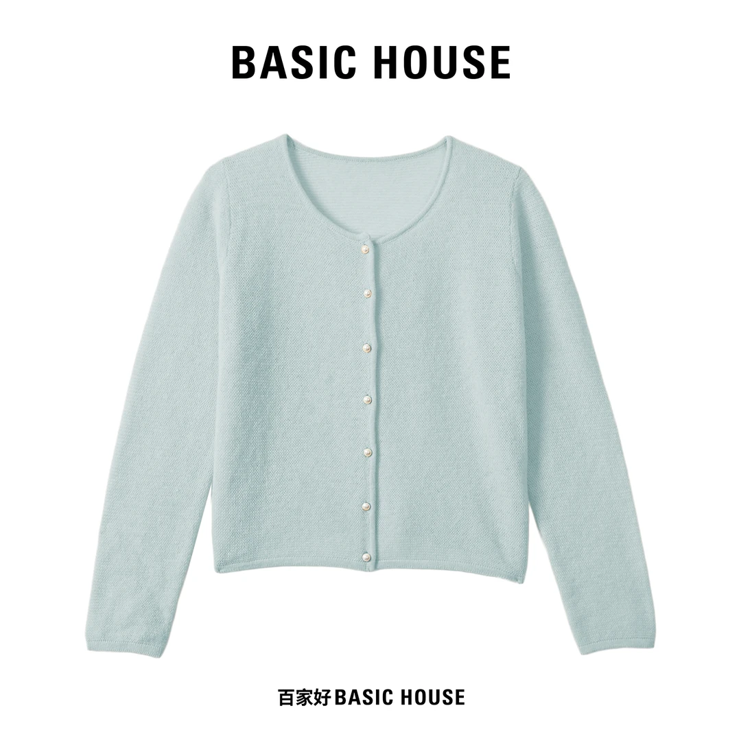 Basic House/百家好2024新款气质纯色时尚圆领修身毛针织衫JDXX