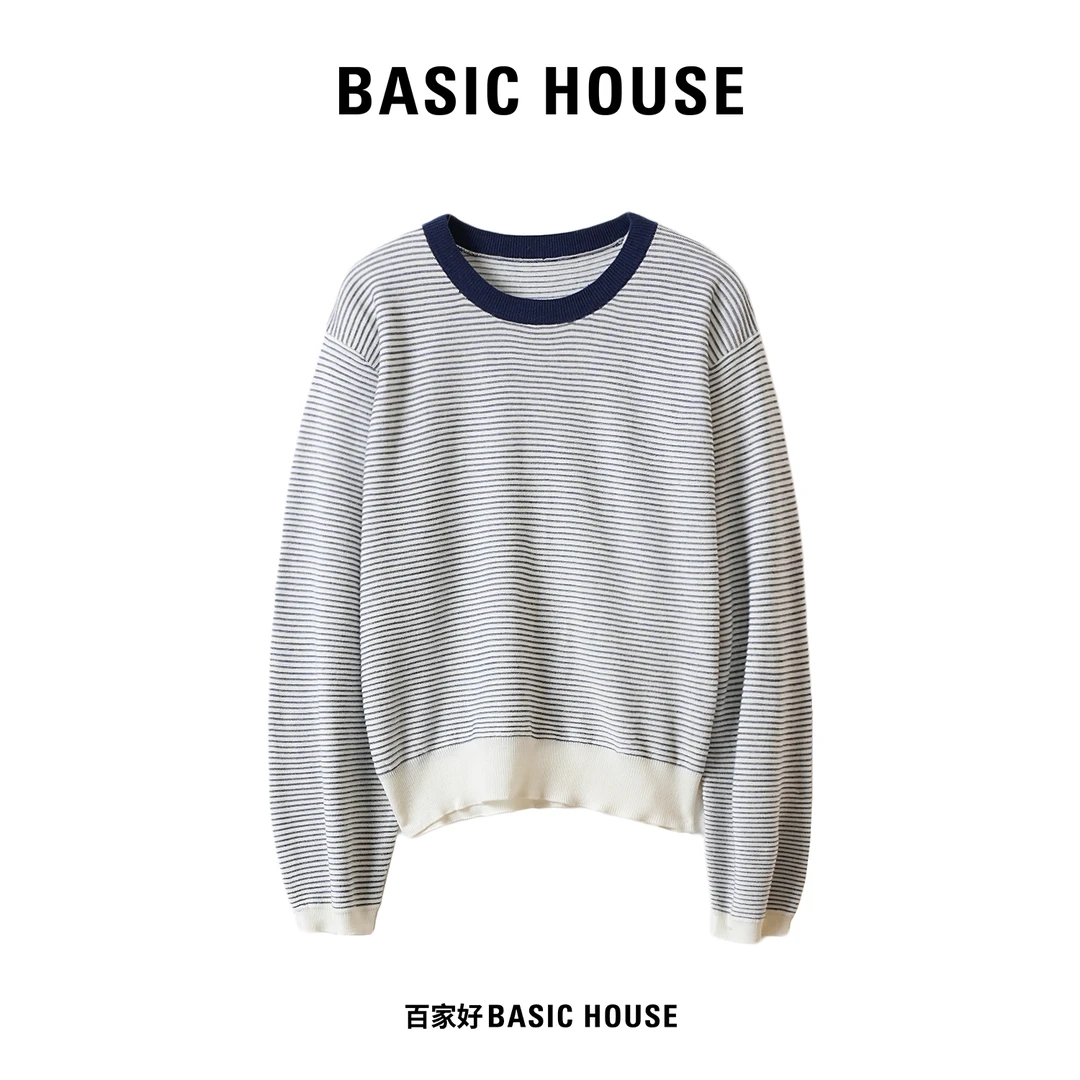 Basic House/百家好2025年春季新款圆领撞色设计师款条纹针织衫MM