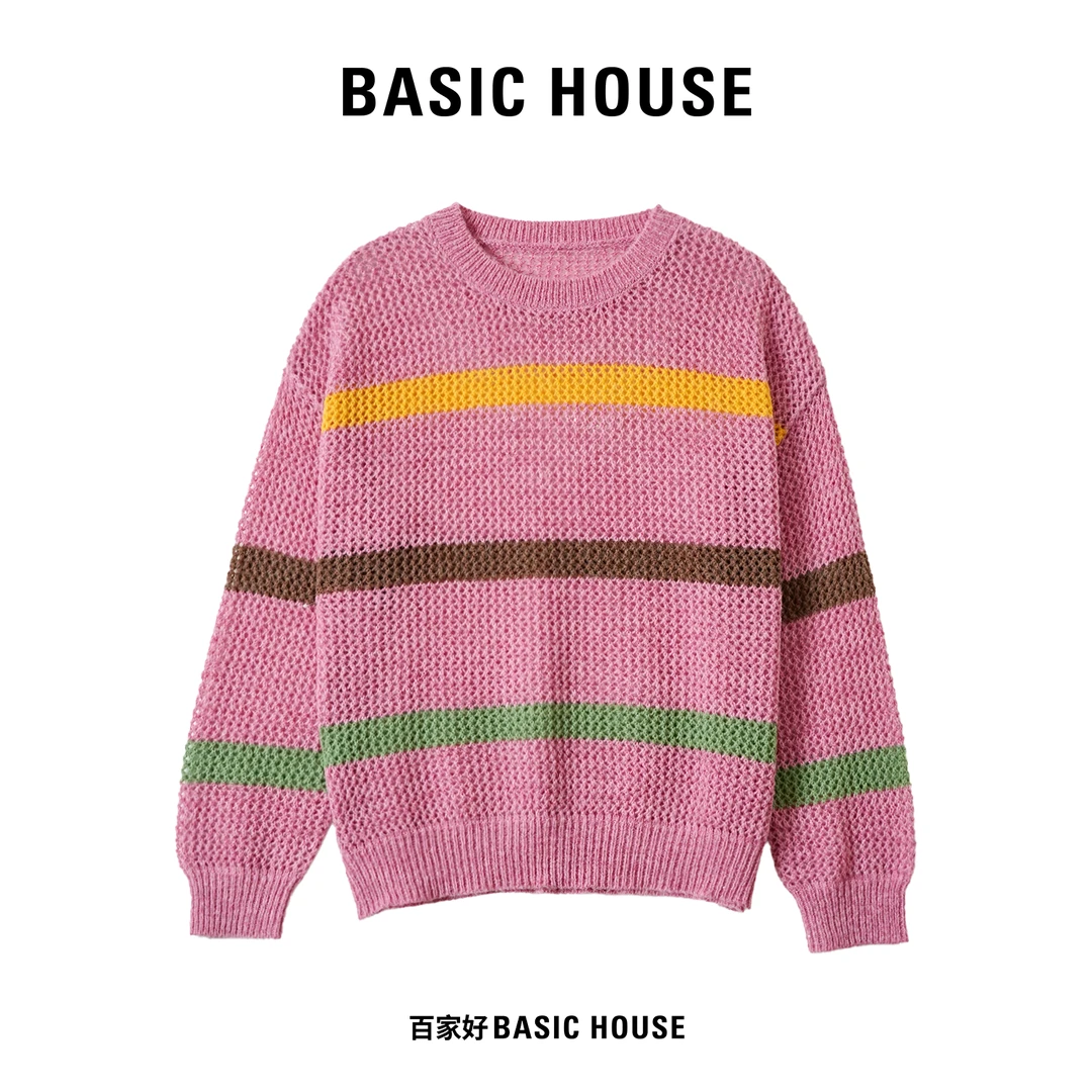 Basic House/百家好2024年秋季新款镂空撞色设计师款条纹针织衫
