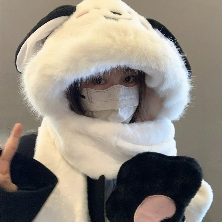 会动可爱狗耳朵帽子冬季围巾手套一体三件套保暖护耳防寒雷锋帽女
